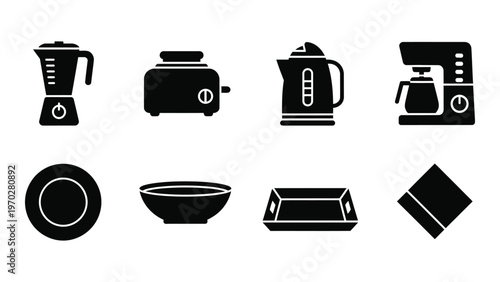 A collection of kitchen appliances and dishware are depicted in a stark black outline silhouette high quality professional detailed modern elegant