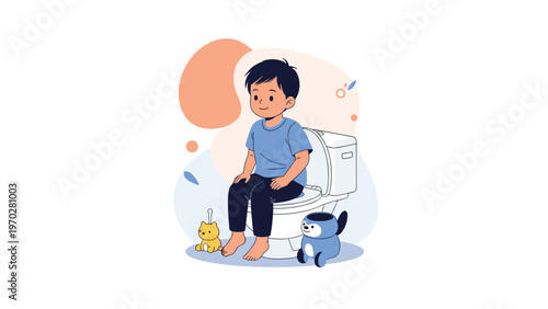 Young toddler boy sits comfortably on a toilet while surrounded by toys during a successful potty training session.