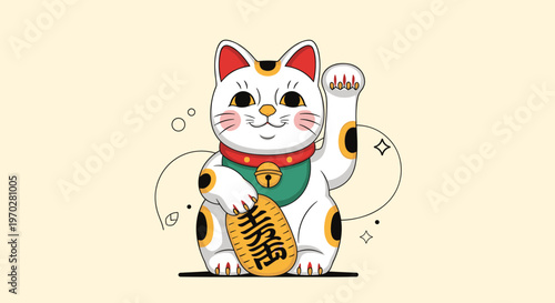 Traditional Japanese lucky cat Maneki-neko holding a gold coin with its paw raised in a colorful and detailed flat vector illustration.