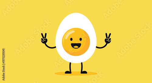 Happy cartoon boiled egg character showing peace signs with both hands on a bright yellow background for a fun breakfast theme.