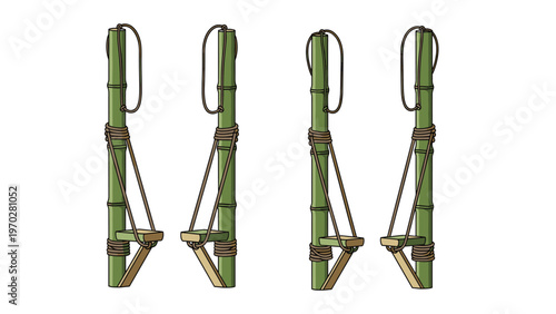 Traditional Japanese bamboo stilts known as Take-uma are shown from different angles for children to play outdoors.