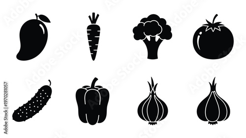 A collection of fresh produce including mango carrot broccoli tomato cucumber pepper onion and garlic silhouette high quality professional detailed modern