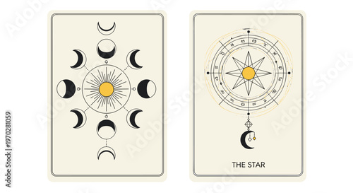 Pair of mystical tarot card designs featuring moon phases a sun and a star map in a minimalist cream and black occult aesthetic.