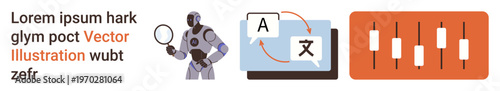 Artificial intelligence, translation services, technology applications, data automation, programming, analysis. A robot holding a magnifier, translation symbols and candlestick charts. Artificial