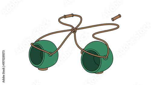Pair of green coconut shell or wooden cup stilts with ropes are illustrated as a fun traditional walking toy for kids.