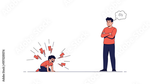 Distressed father watches his young child cry on the floor reflecting the challenges of parenting and discipline.