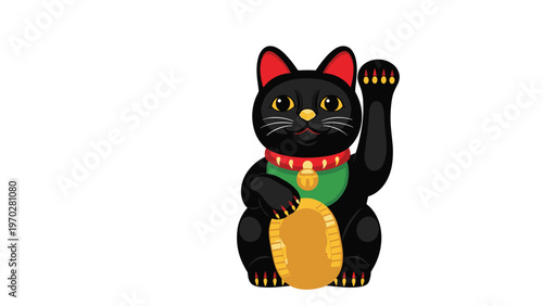 Classic black Maneki-neko beckoning cat figurine with a gold coin brings good luck and fortune in Japanese culture.