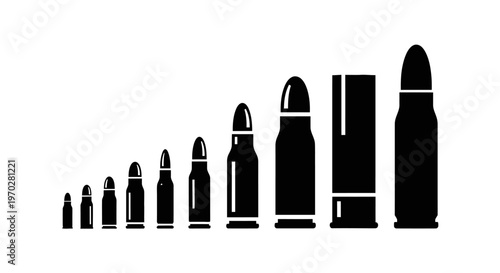 A row of various bullet sizes, from small to large, in a black and white vector illustration.