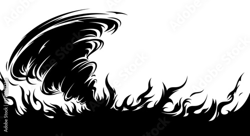 Abstract Black and White Tornado with Flames Vector Illustration.