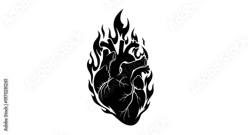 Anatomical Heart Engulfed in Flames Illustrates Passion and Intensity.