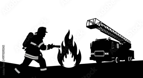 Firefighter extinguishing a fire with a fire truck in the background.