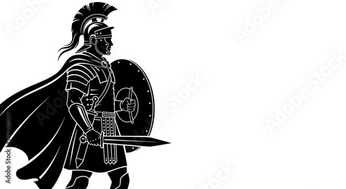 Ancient Roman or Greek Warrior in Full Armor with Sword and Shield.