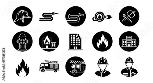 Firefighter and Fire Safety Equipment Icons Set.