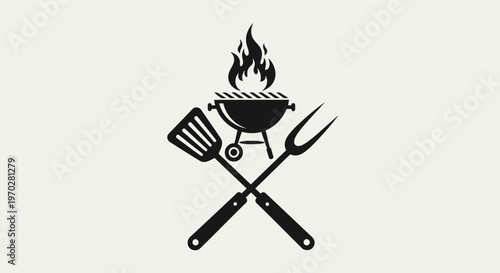 Barbecue grill with flames and crossed utensils.