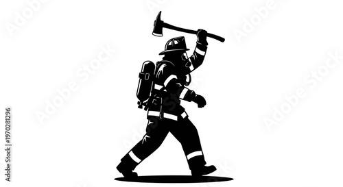 Firefighter in full gear with axe walking heroically.