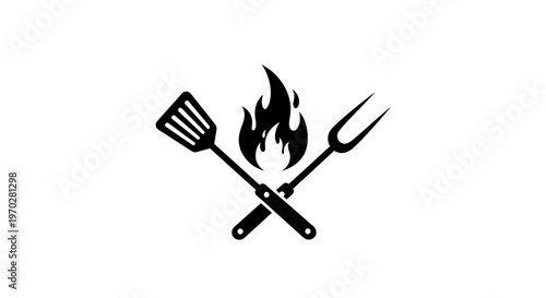 Barbecue tools with flame icon for grilling.