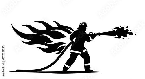 Firefighter silhouette battling flames with a powerful hose stream.