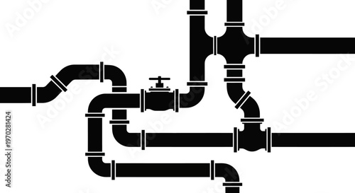 Intricate network of black pipes and valves.