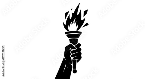 Hand holding a burning torch, symbolizing light, guidance, and revolution.