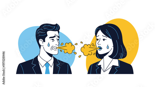 Stressed businessman and woman exhale puffs of air and sweat while facing each other during a difficult workday.
