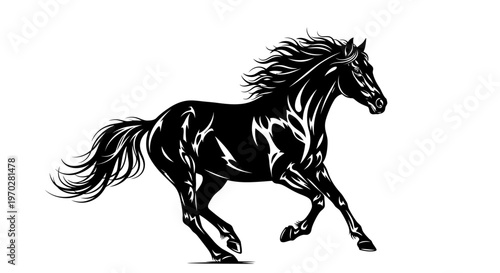 Majestic black horse galloping with flowing mane and tail.