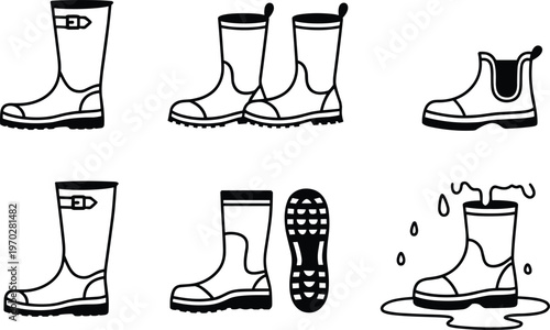 Black and white line illustrations of rubber boots in different styles and conditions, including tall, short, tread sole, and waterproof footwear design concepts