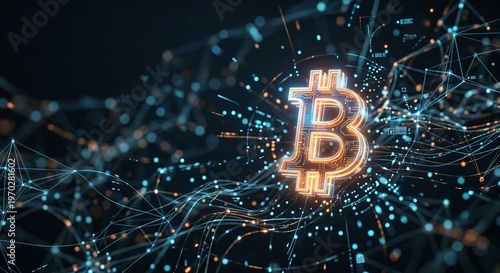 Futuristic Digital Bitcoin Symbol Floating in Cyber Environment – Blockchain Technology Concept