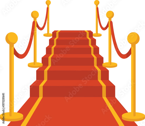 A vibrant red carpet staircase with golden ropes and posts is showcased