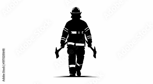 Brave Firefighter Silhouette Walking with Axes Ready for Action.