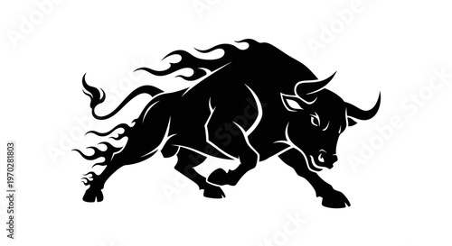 Powerful Black Bull with Fiery Mane and Tail Charging Forward.