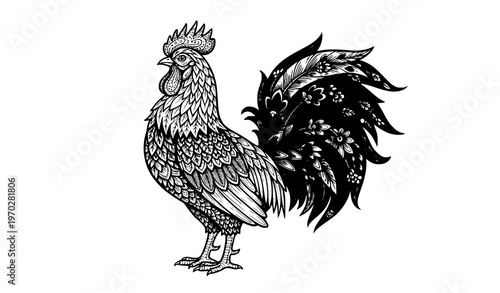 Stylized cockerel with floral decoration decorative rooster vector isolated
