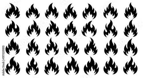 Collection of various black fire flame icons set on a white background.