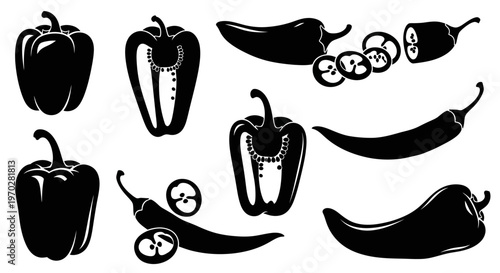 Collection of various pepper silhouettes including bell peppers and chili peppers.