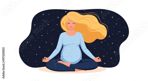 Peaceful illustration of a pregnant woman with long flowing blonde hair meditating in front of a starry night sky background.