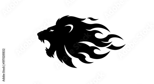 Powerful roaring lion head with fiery mane silhouette design.