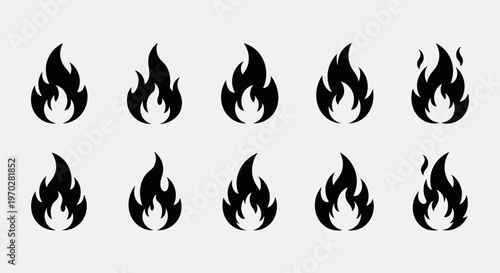 Set of black fire flame icons isolated on a white background, representing heat, danger, and energy.