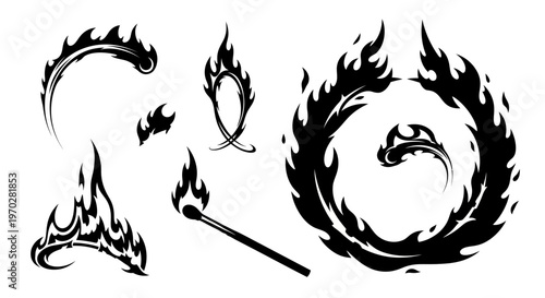 Set of black and white fire flames and a burning matchstick.
