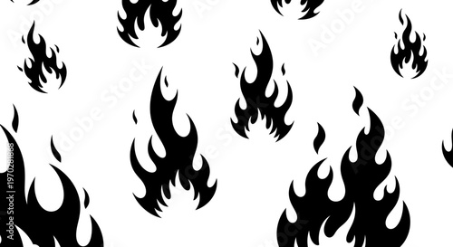 Seamless pattern with stylized black flame silhouettes on a white background.