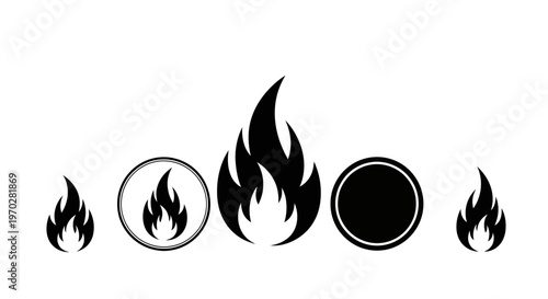 Set of black fire flame icons isolated on white background.