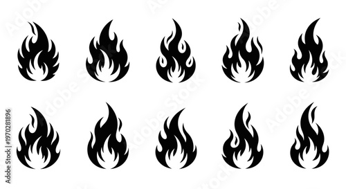Set of black fire flame icons on a white background.