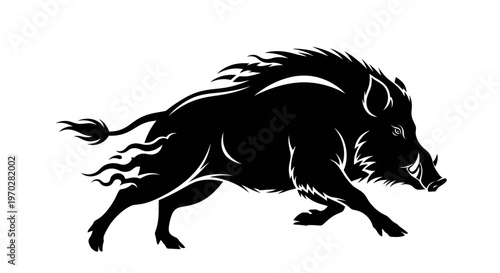 Dynamic Silhouette of a Wild Boar Running with Fiery Mane and Tail.