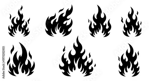 Set of Black Fire Flames Silhouettes on White Background.