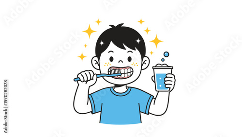 Smiling boy enthusiastically brushes his teeth with a blue toothbrush and water to maintain perfect dental hygiene.