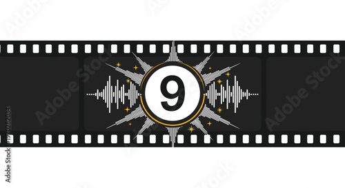 Creative countdown graphic showing the number nine inside a glowing circle with sound wave patterns on a film strip frame.