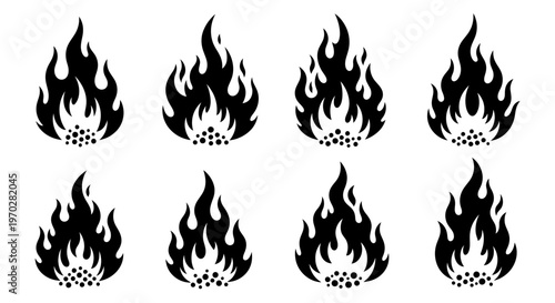 Set of eight black fire flame icons isolated on a white background.