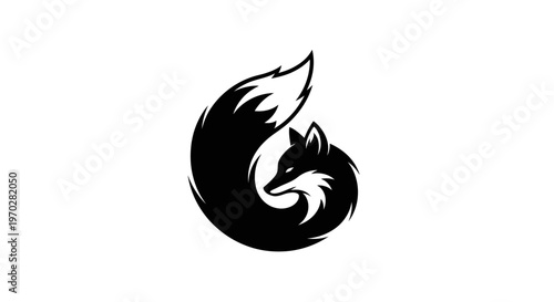Elegant Black Fox Silhouette Curled Up with Swirling Tail Graphic Design.