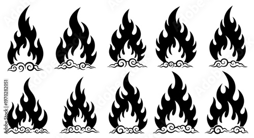 Set of black fire flames with smoke elements on a white background.