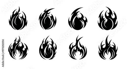 Set of eight stylized fire flame icons in black and white.