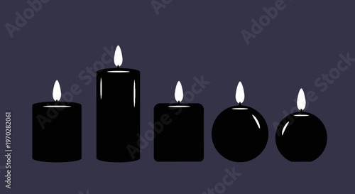 Set of five black burning candles with glowing flames.