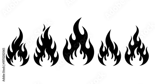 Set of five black fire flame icons isolated on a white background.